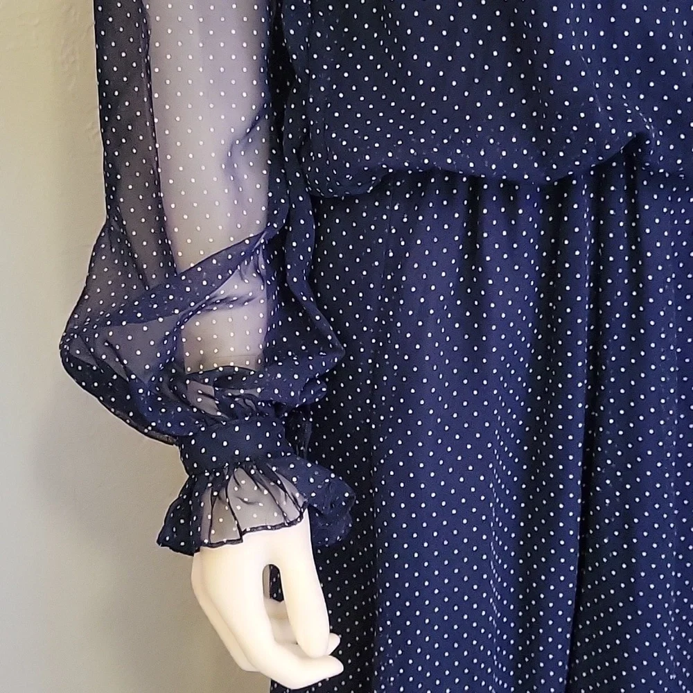 VTG AJ BARI Navy Pin Dot Chiffon Blouson Ruffle Bow Tie Castlecore Shirt Dress - Picture 5 of 10